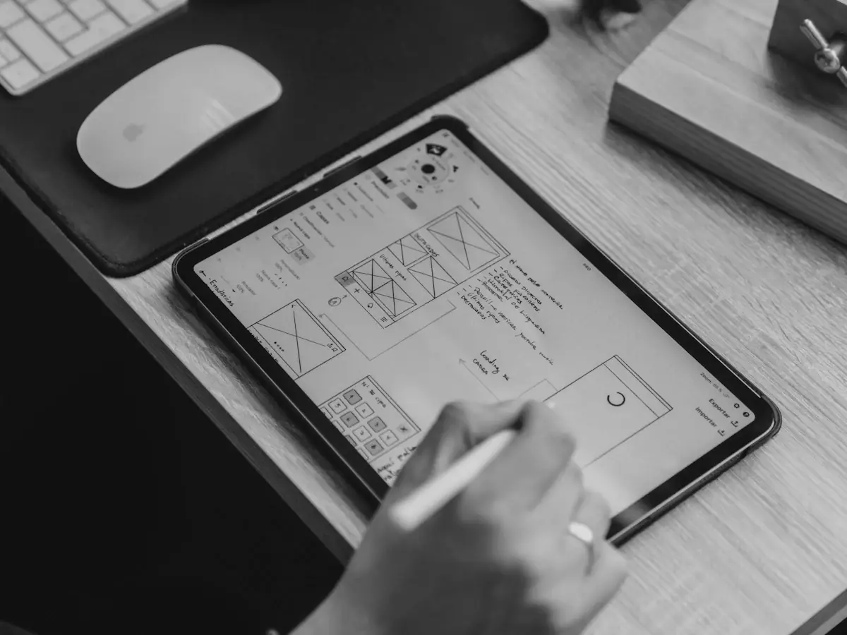 Boceto de la estructura de una web en una tableta sobre un escritorio